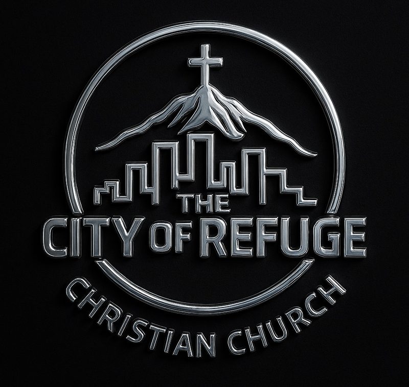 The City of Refuge Christian Church logo: a silver mountain topped with a cross above a city skyline, inside a circle